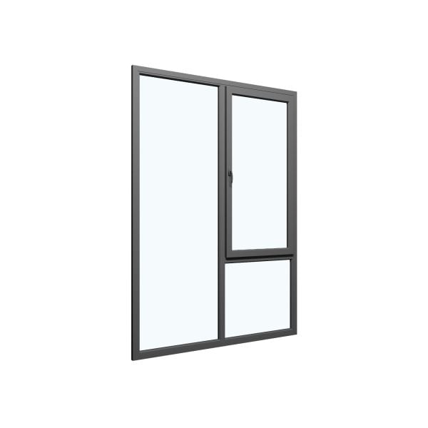 Three-Part Window Aluminum, Size 59 x 87, Upper Section Operable, Antracite Color, Black Frame Color, Double Pane, Transpered Glass (View from inside)