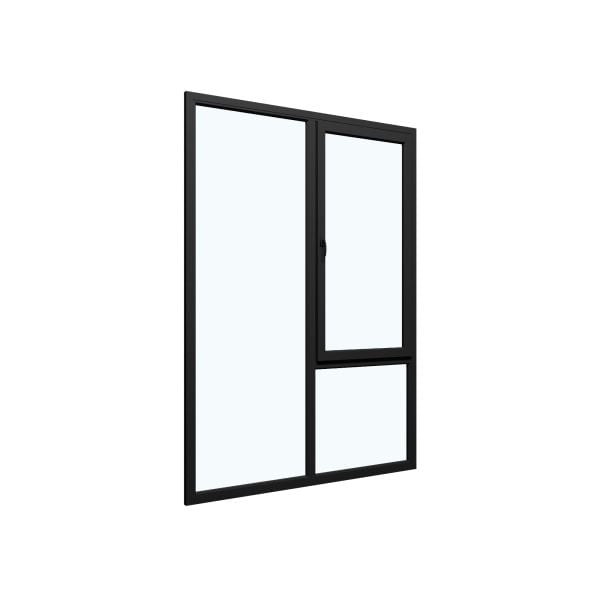 Three-Part Window Aluminum, Size 59 x 87, Upper Section Operable, Black Color, Double Pane, Transpered Glass (View from inside)