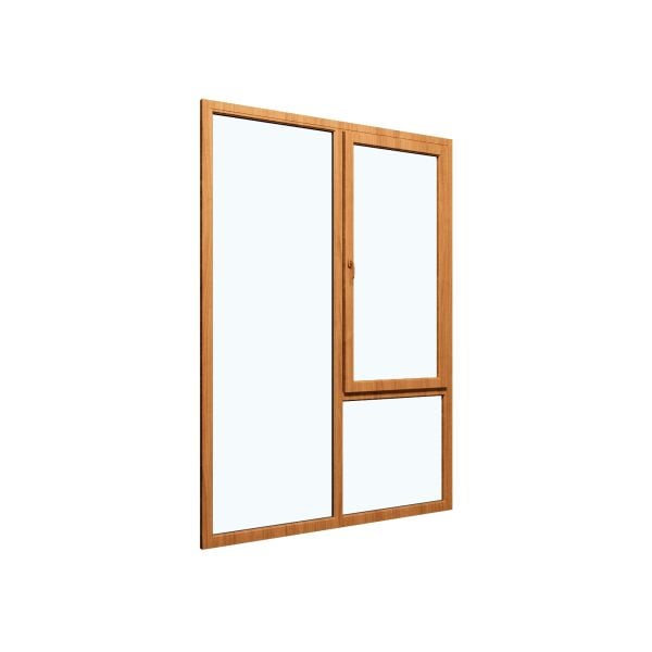 Three-Part Window Aluminum, Size 59 x 87, Upper Section Operable, Golden Oak Color, Double Pane, Sateen Glass (View from inside)