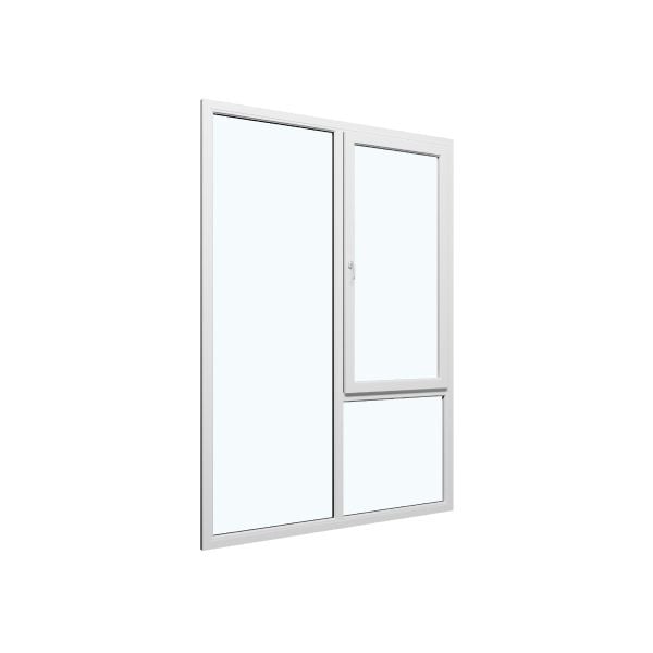 Three-Part Window Aluminum, Size 59 x 87, Upper Section Operable, White, Double Pane, Transpered Glass (View from inside)