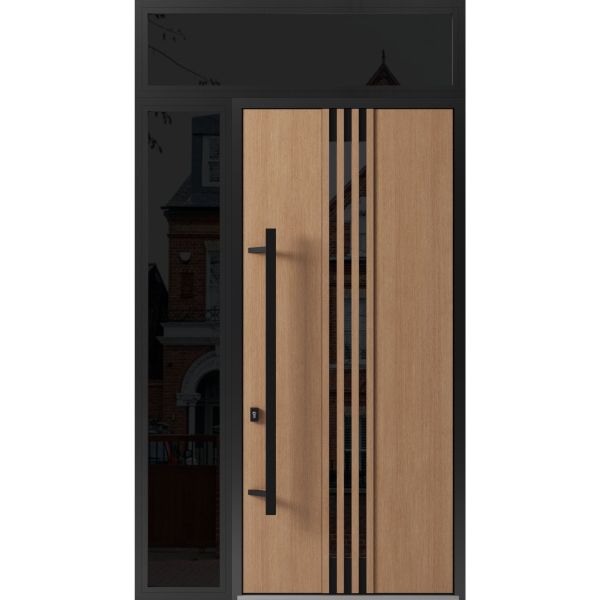 Front Exterior Prehung Steel Door / Ronex 1055 Teak 96" / Sidelight and Transom Window Sidelite / Entry Metal Modern Painted W36+12" x H96+16" Right hand Inswing