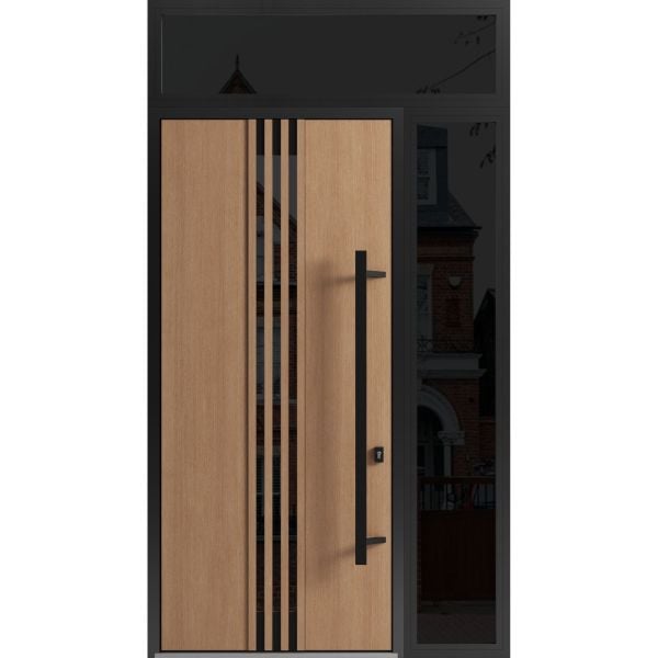 Front Exterior Prehung Steel Door / Ronex 1055 Teak 96" / Sidelight and Transom Window Sidelite / Entry Metal Modern Painted W36+12" x H96+16" Left hand Inswing