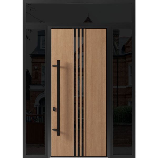 Front Exterior Prehung Steel Door / Ronex 1055 Teak 96" / 2 Sidelight and Transom Window Sidelite / Entry Metal Modern Painted W12+36+12" x H96+16" Right hand Inswing