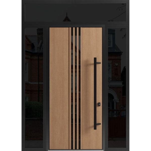 Front Exterior Prehung Steel Door / Ronex 1055 Teak 96" / 2 Sidelight and Transom Window Sidelite / Entry Metal Modern Painted W12+36+12" x H96+16" Left hand Inswing