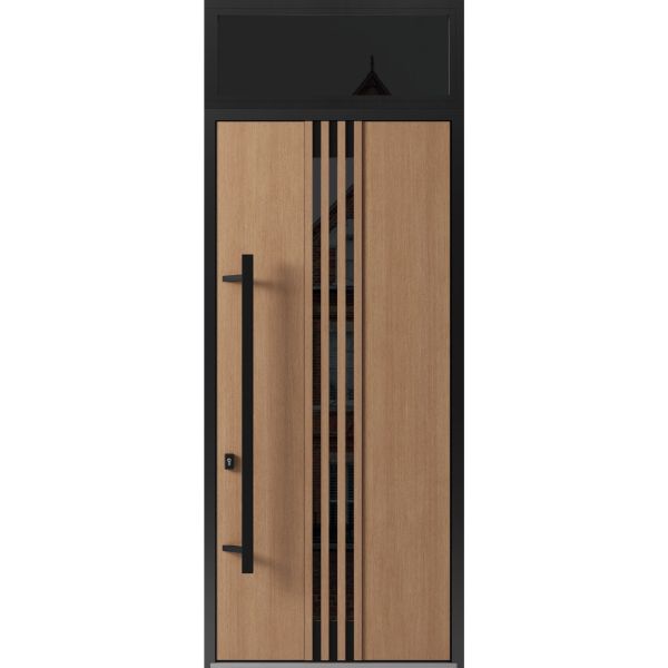 Front Exterior Prehung Steel Door / Ronex 1055 Teak 96" / Transom Window Sidelite / Entry Metal Modern Painted W36" x H96+16" Right hand Inswing
