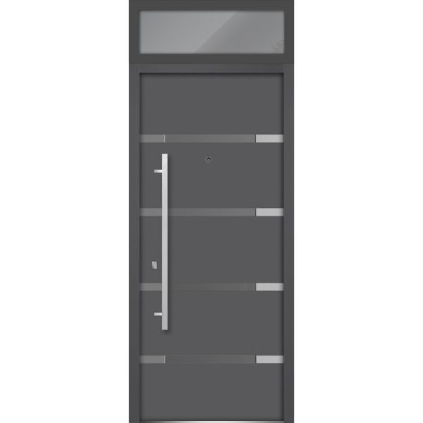 Front Exterior Prehung Steel Door / Deux 1105 Gray Graphite / Top Exterior Window / Stainless Inserts Single Modern Painted-W36" x H80+16"-Right-hand Inswing