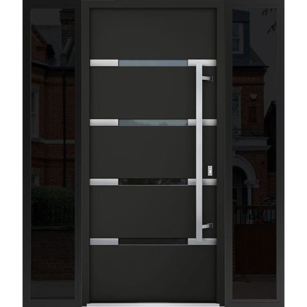 Front Exterior Prehung Steel Door / Deux 1105 Black Enamel / 2 Sidelight Exterior Windows Sidelites/ Stainless Inserts Entry Metal Modern Painted W12+36+12" x H80" Left hand Inswing