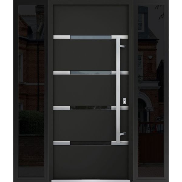 Front Exterior Prehung Steel Door / Deux 1105 Black Enamel / 2 Sidelight Exterior Windows Sidelites/ Stainless Inserts Entry Metal Modern Painted W16+36+16" x H80" Left hand Inswing