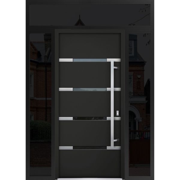 Front Exterior Prehung Steel Door / Deux 1105 Black Enamel / 2 Sidelight and Transom Window Sidelite / Stainless Inserts Entry Metal Modern Painted W14+36+14" x H80+16" Left hand Inswing