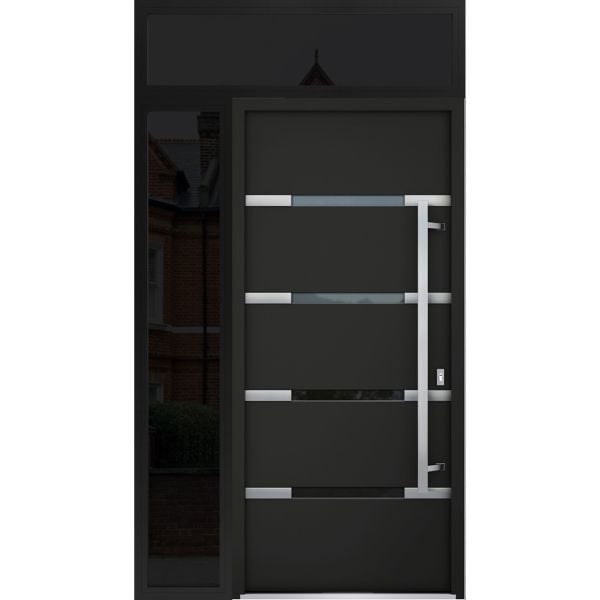 Front Exterior Prehung Steel Door / Deux 1105 Black Enamel / Sidelight and Transom Window Sidelite / Stainless Inserts Entry Metal Modern Painted W36+16" x H80+16" Left hand Outswing