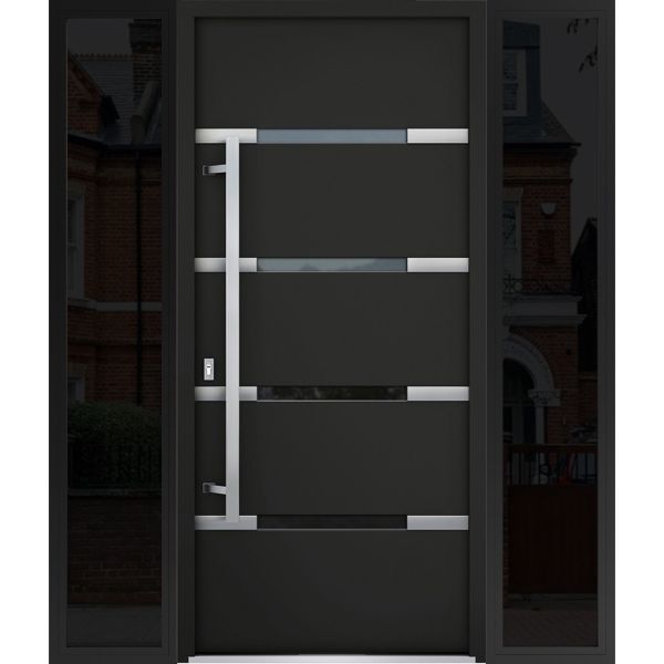 Front Exterior Prehung Steel Door / Deux 1105 Black Enamel / 2 Sidelight Exterior Windows Sidelites/ Stainless Inserts Entry Metal Modern Painted W12+36+12" x H80" Right hand Inswing