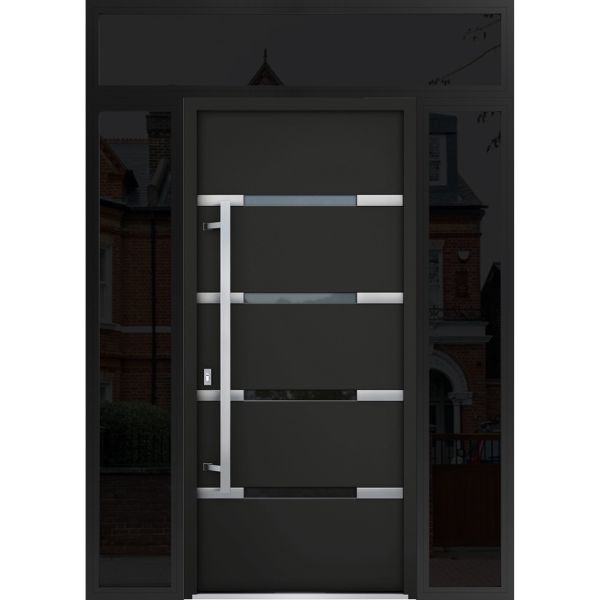 Front Exterior Prehung Steel Door / Deux 1105 Black Enamel / 2 Sidelight and Transom Window Sidelite / Stainless Inserts Entry Metal Modern Painted W14+36+14" x H80+16" Right hand Outswing