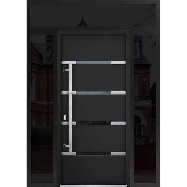 Front Exterior Prehung Steel Door / Deux 1105 Black Enamel / 2 Sidelight and Transom Window Sidelite / Stainless Inserts Entry Metal Modern Painted W16+36+16" x H80+16" Right hand Inswing