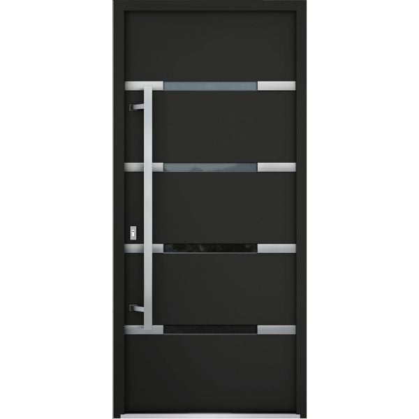 Front Exterior Prehung Steel Door / Deux 1105 Black Enamel / Stainless Inserts Entry Metal Modern Painted W36" x H80" Right hand Inswing