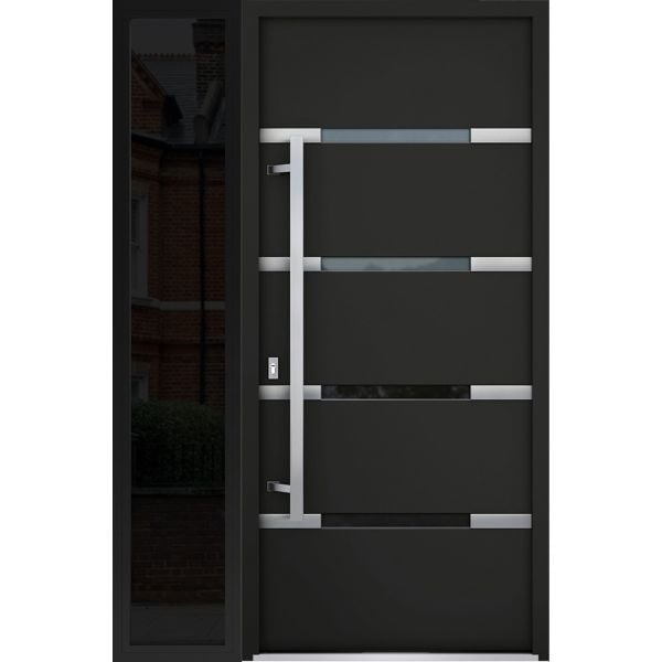 Front Exterior Prehung Steel Door / Deux 1105 Black Enamel / Sidelight Exterior Window Sidelite / Stainless Inserts Entry Metal Modern Painted W36+14" x H80" Right hand Inswing