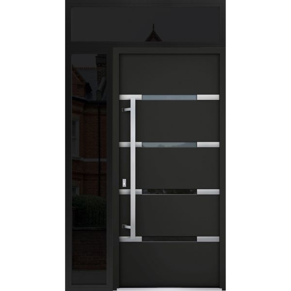 Front Exterior Prehung Steel Door / Deux 1105 Black Enamel / Sidelight and Transom Window Sidelite / Stainless Inserts Entry Metal Modern Painted W36+12" x H80+16" Right hand Outswing
