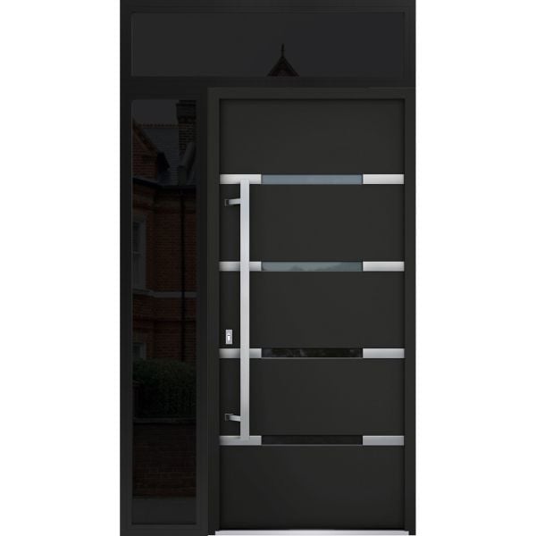 Front Exterior Prehung Steel Door / Deux 1105 Black Enamel / Sidelight and Transom Window Sidelite / Stainless Inserts Entry Metal Modern Painted W36+16" x H80+16" Right hand Inswing