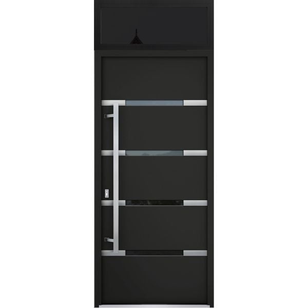 Front Exterior Prehung Steel Door / Deux 1105 Black Enamel / Transom Window Sidelite / Stainless Inserts Entry Metal Modern Painted W36" x H80+16" Right hand Inswing