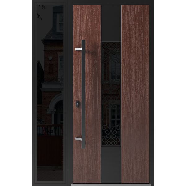 Front Exterior Prehung Steel Door / Ronex 1205 Bronze Oak / Sidelight Exterior Window Sidelite / Entry Metal Modern Painted W36+16" x H80" Right hand Inswing