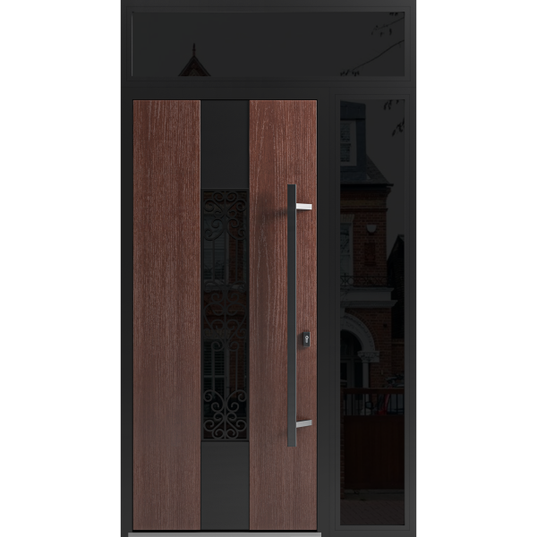 Front Exterior Prehung Steel Door / Ronex 1205 Red Oak / Sidelight and Transom Window Sidelite / Entry Metal Modern Painted W36+12" x H80+16" Left hand Inswing