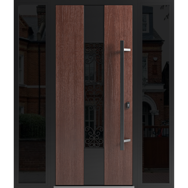 Front Exterior Prehung Steel Door / Ronex 1205 Red Oak / 2 Sidelight Exterior Windows Sidelites/ Entry Metal Modern Painted W12+36+12" x H80" Left hand Inswing