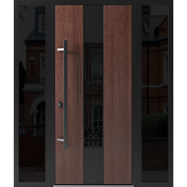 Front Exterior Prehung Steel Door / Ronex 1205 Bronze Oak / 2 Sidelight Exterior Windows Sidelites/ Entry Metal Modern Painted W12+36+12" x H80" Right hand Inswing
