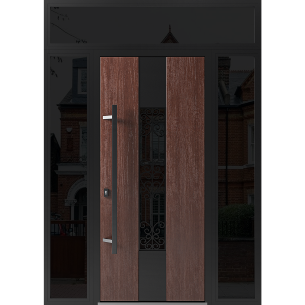 Front Exterior Prehung Steel Door / Ronex 1205 Bronze Oak / 2 Sidelight and Transom Window Sidelite / Entry Metal Modern Painted W12+36+12" x H80+16" Right hand Inswing