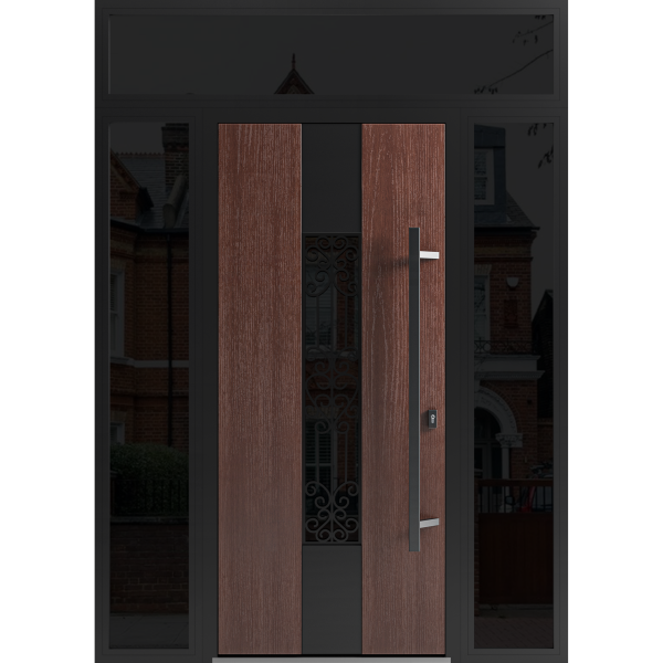 Front Exterior Prehung Steel Door / Ronex 1205 Red Oak / 2 Sidelight and Transom Window Sidelite / Entry Metal Modern Painted W12+36+12" x H80+16" Left hand Inswing
