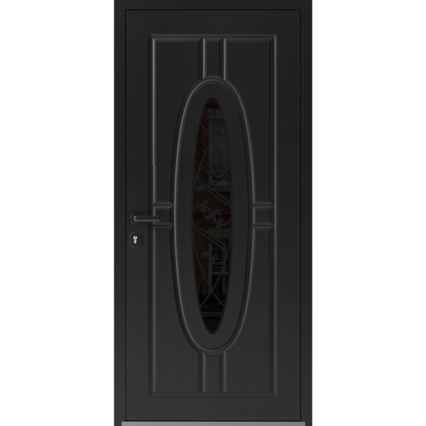 Front Exterior Prehung Steel Door / Ronex 1277 Black Enamel / Stainless Inserts Entry Metal Modern Painted W36" x H80" Right hand Inswing