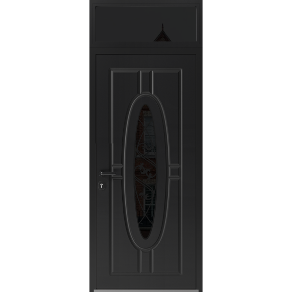 Front Exterior Prehung Steel Door / Ronex 1277 Black Enamel / Transom Window Sidelite / Stainless Inserts Entry Metal Modern Painted W36" x H80+16" Right hand Inswing