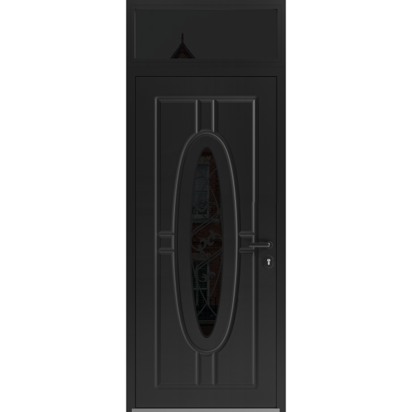 Front Exterior Prehung Steel Door / Ronex 1277 Black Enamel / Transom Window Sidelite / Stainless Inserts Entry Metal Modern Painted W36" x H80+16" Left hand Inswing