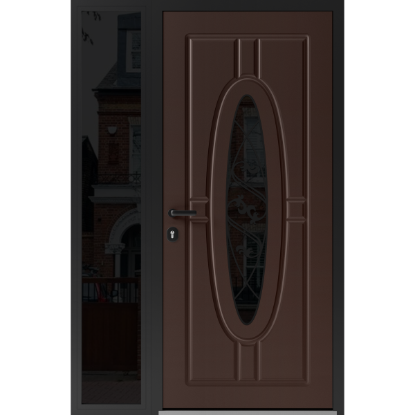 Front Exterior Prehung Steel Door / Ronex 1277 Brown / Sidelight Exterior Window Sidelite / Entry Metal Modern Painted W36+12" x H80" Right hand Inswing