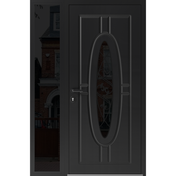 Front Exterior Prehung Steel Door / Ronex 1277 Black Enamel / Sidelight Exterior Window Sidelite / Stainless Inserts Entry Metal Modern Painted W36+16" x H80" Right hand Inswing