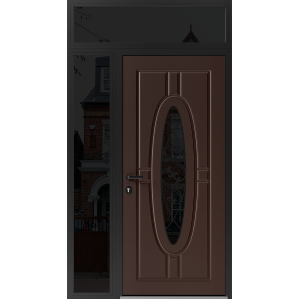 Front Exterior Prehung Steel Door / Ronex 1277 Brown / Sidelight and Transom Window Sidelite / Entry Metal Modern Painted W36+16" x H80+16" Right hand Inswing