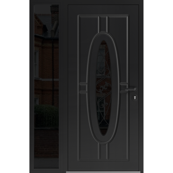 Front Exterior Prehung Steel Door / Ronex 1277 Black Enamel / Sidelight Exterior Window Sidelite / Stainless Inserts Entry Metal Modern Painted W36+16" x H80" Left hand Inswing