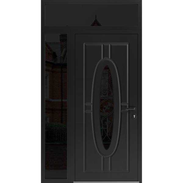 Front Exterior Prehung Steel Door / Ronex 1277 Black Enamel / Sidelight and Transom Window Sidelite / Stainless Inserts Entry Metal Modern Painted W36+16" x H80+16" Left hand Inswing
