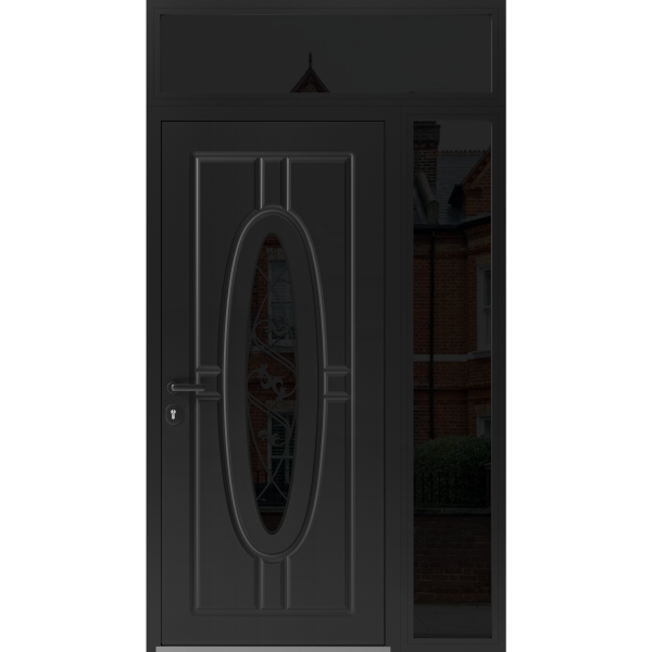 Front Exterior Prehung Steel Door / Ronex 1277 Black Enamel / Sidelight and Transom Window Sidelite / Stainless Inserts Entry Metal Modern Painted W36+14" x H80+16" Right hand Inswing