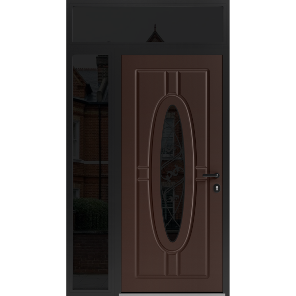 Front Exterior Prehung Steel Door / Ronex 1277 Red Oak / Sidelight and Transom Window Sidelite / Entry Metal Modern Painted W36+12" x H80+16" Left hand Inswing