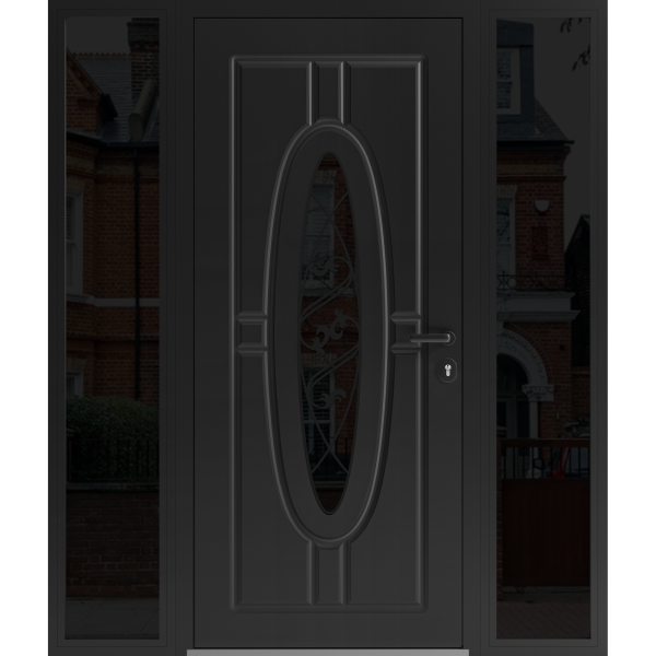 Front Exterior Prehung Steel Door / Ronex 1277 Black Enamel / 2 Sidelight Exterior Windows Sidelites/ Stainless Inserts Entry Metal Modern Painted W16+36+16" x H80" Left hand Inswing