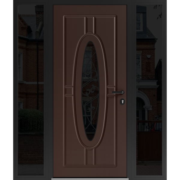 Front Exterior Prehung Steel Door / Ronex 1277 Red Oak / 2 Sidelight Exterior Windows Sidelites/ Entry Metal Modern Painted W12+36+12" x H80" Left hand Inswing