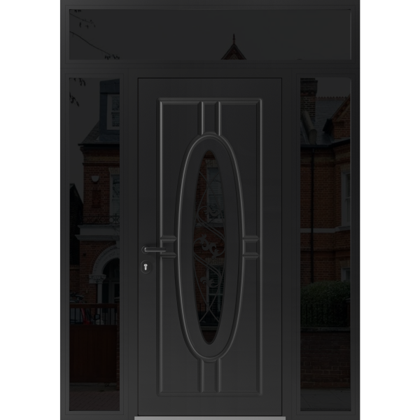 Front Exterior Prehung Steel Door / Ronex 1277 Black Enamel / 2 Sidelight and Transom Window Sidelite / Stainless Inserts Entry Metal Modern Painted W12+36+12" x H80+16" Right hand Inswing
