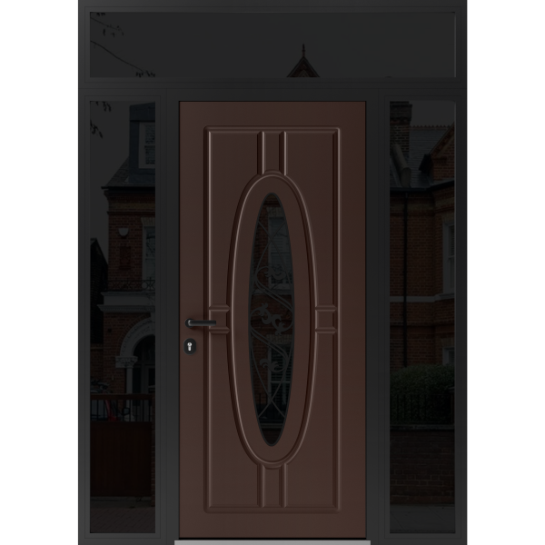 Front Exterior Prehung Steel Door / Ronex 1277 Brown / 2 Sidelight and Transom Window Sidelite / Entry Metal Modern Painted W12+36+12" x H80+16" Right hand Inswing