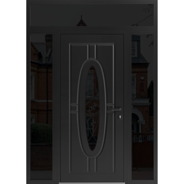 Front Exterior Prehung Steel Door / Ronex 1277 Black Enamel / 2 Sidelight and Transom Window Sidelite / Stainless Inserts Entry Metal Modern Painted W16+36+16" x H80+16" Left hand Inswing