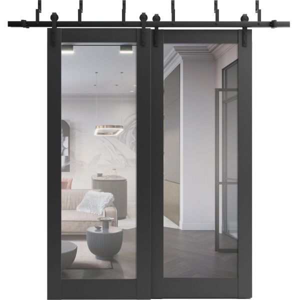 Sliding Closet Barn Bypass Doors with Hardware | Lucia 1299 Matte Black with Mirror | Sturdy 6.6ft Rails Hardware Set | Modern Wood Solid Bedroom Wardrobe Doors -48" x 96" (2* 24x96)