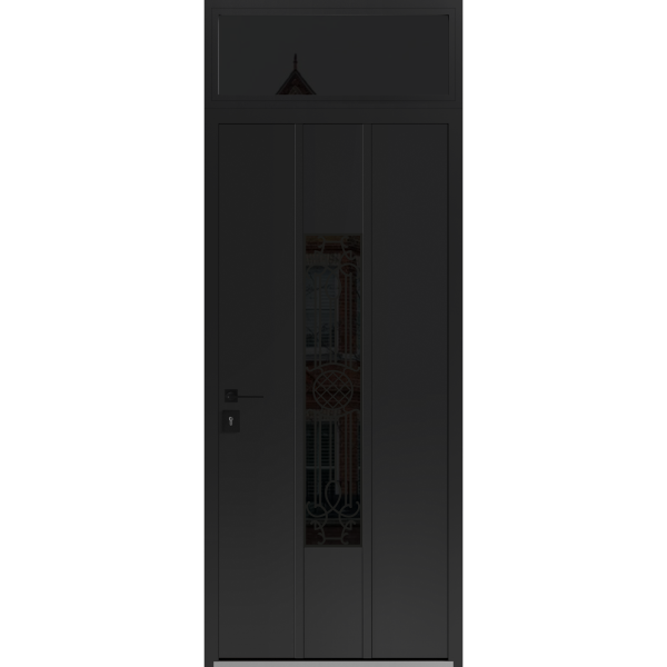 Front Exterior Prehung Steel Door / Ronex 1477 Black Enamel / Transom Window Sidelite / Stainless Inserts Entry Metal Modern Painted W36" x H80+16" Right hand Inswing
