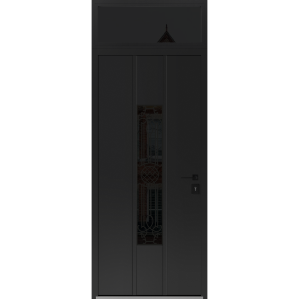 Front Exterior Prehung Steel Door / Ronex 1477 Black Enamel / Transom Window Sidelite / Stainless Inserts Entry Metal Modern Painted W36" x H80+16" Left hand Inswing
