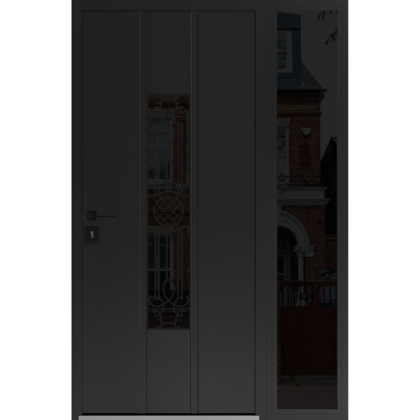 Front Exterior Prehung Steel Door / Ronex 1477 Black Enamel / Sidelight Exterior Window Sidelite / Stainless Inserts Entry Metal Modern Painted W36+12" x H80" Right hand Inswing