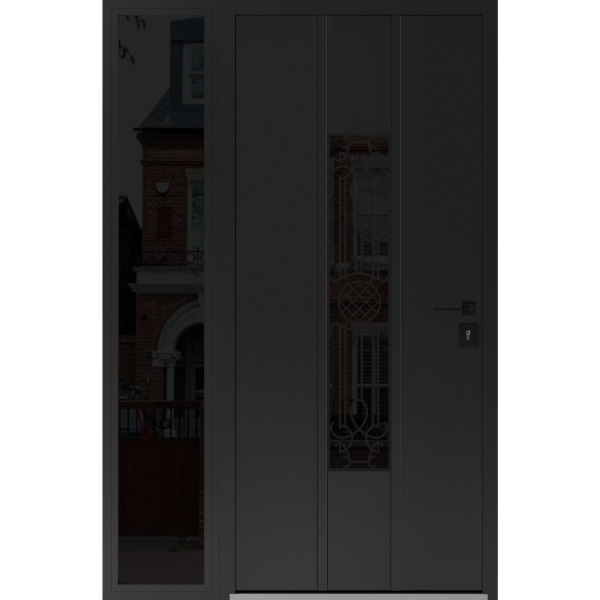 Front Exterior Prehung Steel Door / Ronex 1477 Black Enamel / Sidelight Exterior Window Sidelite / Stainless Inserts Entry Metal Modern Painted W36+12" x H80" Left hand Inswing