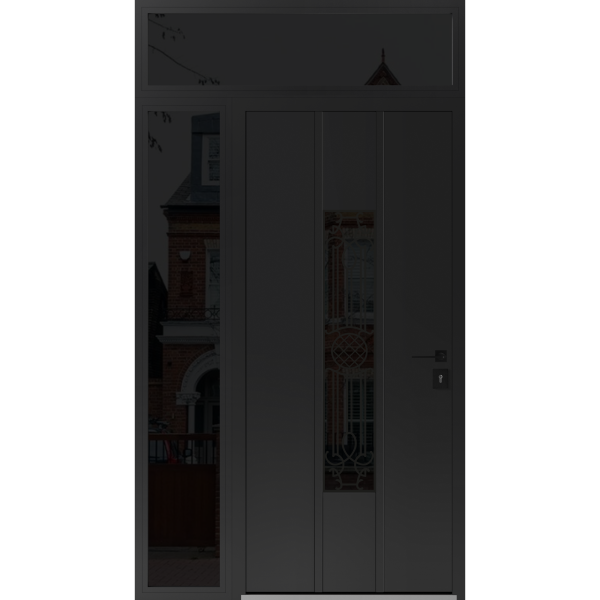 Front Exterior Prehung Steel Door / Ronex 1477 Black Enamel / Sidelight and Transom Window Sidelite / Stainless Inserts Entry Metal Modern Painted W36+16" x H80+16" Left hand Inswing