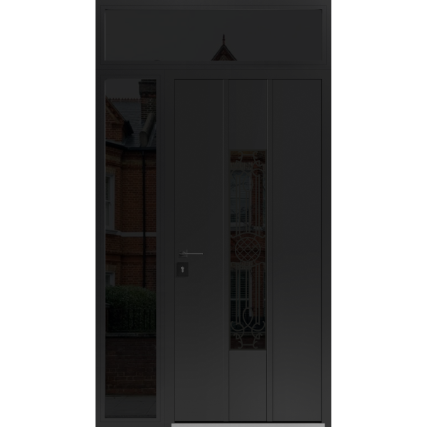 Front Exterior Prehung Steel Door / Ronex 1477 Black Enamel / Sidelight and Transom Window Sidelite / Stainless Inserts Entry Metal Modern Painted W36+14" x H80+16" Right hand Inswing